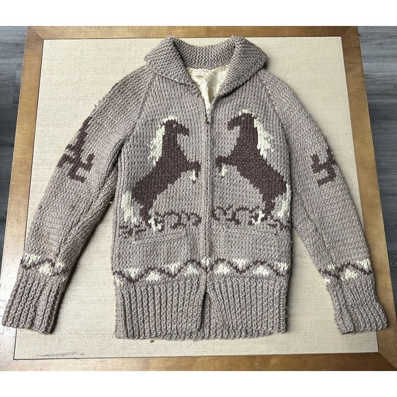 Handmade Sweaters - Vintage 1960s Handmade Cowichan Knit Horses Zippered Sweater See Measurements